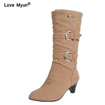 Женские сапоги на низком каблуке, осенние сапоги до середины икры с пряжкой, элегантные туфли-лодочки без застежек, женские, размер 35-39, 2585 3 жёлтый