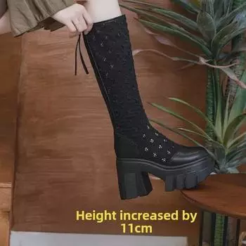 Женские сапоги на платформе до колена 2024 года: Толстая подошва, высокий каблук, сетка, стиль для увеличения роста Size 39 чёрный