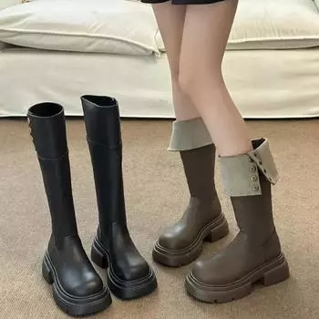 Женские сапоги на платформе до колена, модные длинные сапоги без застежек на высоком каблуке, осенне-зимняя женская обувь, черные сапоги Femininas 35