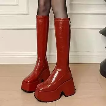 Женские сапоги на платформе до колена, супер-высокие каблуки, модные зимние новые зимние ботинки челси, туфли-лодочки женские кожаные ботинки 35 чёрный