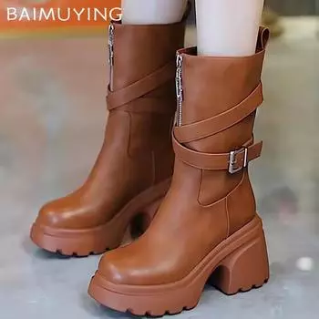 Женские сапоги на платформе до середины голени, модные туфли на высоком каблуке с застежкой-молнией 2025 года, трендовые туфли-лодочки с массивной пряжкой, кожаные зимние мотоциклетные ботинки Mujer 35 чёрный