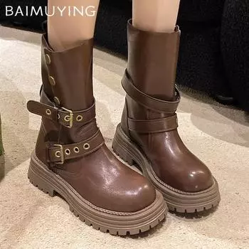 Женские сапоги на платформе и средней высоте, кожаные модные зимние туфли на среднем каблуке, модные дизайнерские туфли-лодочки в готическом стиле для мотоциклистов Botas De Mujer 35