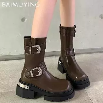 Женские сапоги на платформе и средней высоте, модные кожаные туфли с пряжкой на среднем каблуке, трендовые зимние новые брендовые дизайнерские туфли-лодочки Botas De Mujer 35