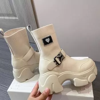 Женские сапоги на платформе, осенне-зимние дышащие вязаные эластичные сапоги без шнуровки на высокой подошве для женщин, 2024 г. 34 бежевый