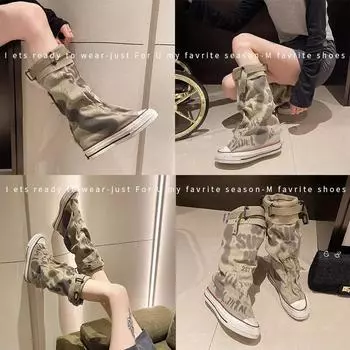 Женские сапоги на плоской платформе в стиле ретро с граффити, до середины голени, сексуальные трендовые, с толстой подошвой, круглым носком, нескользящие, модные сапоги для голени 35 хаки