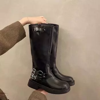 Женские сапоги на плоской подошве до колена, зимние модные туфли на платформе, новые брендовые дизайнерские мотоциклетные сапоги, прогулочные Mujer Zapatos 35