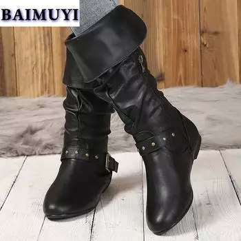 Женские сапоги на плоской подошве, модная обувь 2025 года, тренд зимы, новые плиссированные кожаные ботинки челси на молнии, повседневные прогулочные женские ботинки 36 чёрный