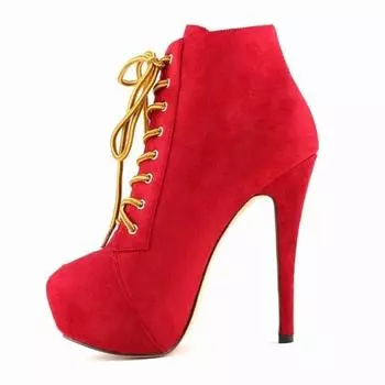 Женские сапоги на шпильках, модные, осень-зима, 14 см, сексуальные, на платформе, с круглым носком, на высоком каблуке, туфли-лодочки, на шнуровке, до щиколотки, флок, большой размер 43 35