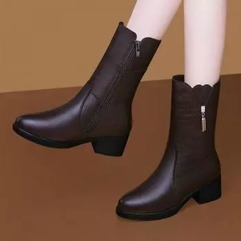 Женские сапоги на среднем каблуке для осени и зимы, с плюшевым утеплителем, ботинки Martin, толстый каблук, женские хлопковые сапоги, зимние сапоги 35