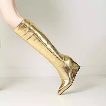 Женские сапоги на танкетке, осенне-зимние, новый стиль, европейские и американские сапоги золотистого цвета с острым носком, большие сапоги средней длины 34 золотистый