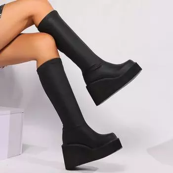 Женские сапоги на танкетке в стиле панк, осенние новые римские сапоги с круглым носком, женские сапоги до колена, уличные сапоги для верховой езды больших размеров для женщин 35