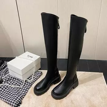 Женские сапоги на толстой подошве, до колена, новый стиль, хит продаж, однотонные, удобные, осенне-зимние, высокие сапоги, резиновый верх 35