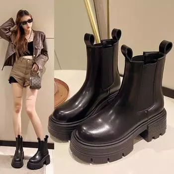 Женские сапоги на толстой подошве в английском стиле 2024 года, осень/зима, новые сапоги-дымоходы на толстом каблуке, ботинки челси, короткие сапоги 35 чёрный