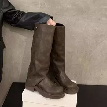 Женские сапоги на толстом каблуке, длинные, до колена, модные, с молнией сзади, осенне-зимние, мягкие, кожаные, женские, винтажные туфли 35