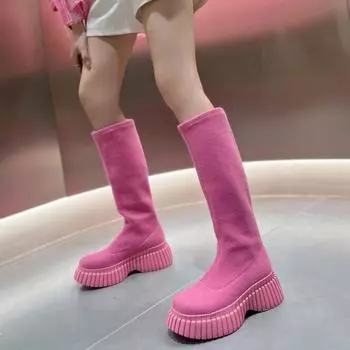 Женские сапоги на толстом каблуке до колена, модные туфли без застежек, осенне-зимние женские эластичные тонкие длинные сапоги 35