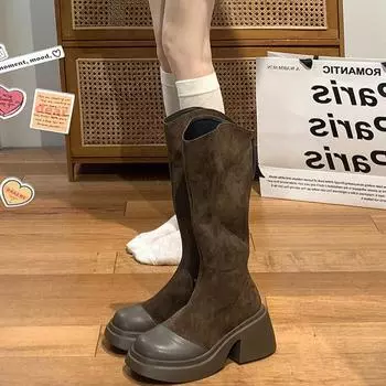 Женские сапоги на толстом каблуке до колена, модные туфли с квадратным носком, зимние, лаконичные, рыцарские, длинные, Botas De Mujer 35