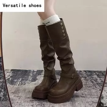 Женские сапоги на толстом каблуке до колена, модные туфли без застежек, осень-зима, лаконичные, рыцарские, длинные, Botas De Mujer 35