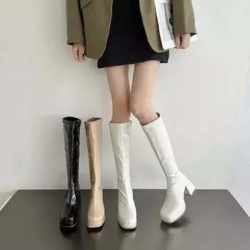 Женские сапоги на толстом каблуке и платформе с квадратным носком, черные лакированные сапоги до колена, женские осенние сапоги на толстом высоком каблуке в стиле панк 35