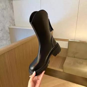 Женские сапоги на толстом каблуке, весна и осень, новые, с низким вырезом, с толстой подошвой, узкие, увеличивающие рост, женские сапоги, короткие сапоги с V-образным вырезом для женщин 35 чёрный