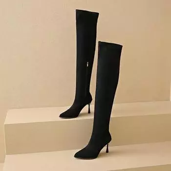 Женские сапоги на тонком каблуке, однотонные, 2024, горячая распродажа, зимние женские сапоги выше колена с острым носком, сапоги Botines De Mujer 35 чёрный