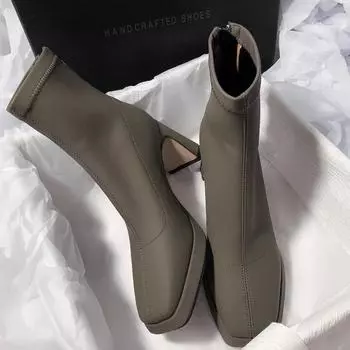 Женские сапоги на высоком каблуке 2024 года в корейском стиле, осень-зима, высокие каблуки, толстые ботильоны, ботильоны с квадратным носком, женская обувь 35 абрикосовый