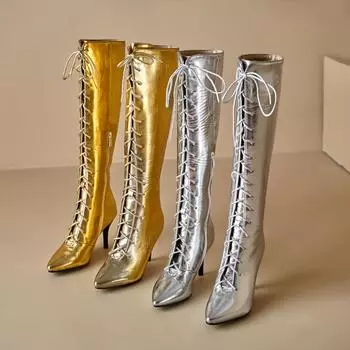 Женские сапоги на высоком каблуке для осени и зимы, женские сапоги на остром и тонком каблуке, модные римские сапоги больших размеров на средней подошве 34 античный белый