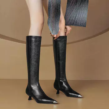 Женские сапоги на высоком каблуке для осени и зимы, сапоги из коровьей кожи с острым и тонким каблуком, женские сапоги больших размеров