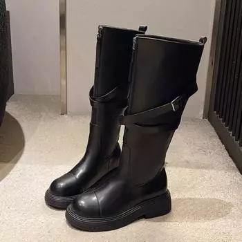 Женские сапоги на высоком каблуке до колена, массивные кожаные зимние повседневные туфли, женская зимняя трендовая обувь 2024 года в стиле готики, челси, модные ботинки для вечеринок 35 чёрный