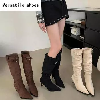 Женские сапоги на высоком каблуке до колена, модные туфли с острым носком, туфли без застежек, танцевальное вечернее платье, длинные Botas De Mujer 35