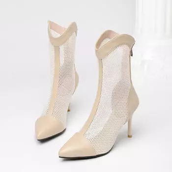 Женские сапоги на высоком каблуке из сетки для весны и лета, сексуальные сапоги с острым носком и тонким каблуком из дышащей сетки, женская обувь больших размеров 34 белый