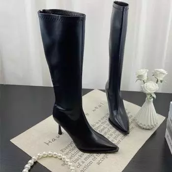 Женские сапоги на высоком каблуке, модные кожаные туфли с острым носком, женский бренд, зима 2025, тренд, элегантные туфли-лодочки для вечеринок Botas Mujer 35 коричневый