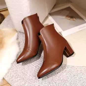 Женские сапоги на высоком каблуке, модные сапоги с острым носком, простые, на толстом каблуке, удобные, с застежкой-молнией сзади, женские короткие сапоги 35