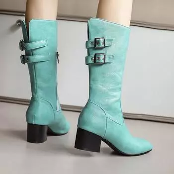 Женские сапоги на высоком каблуке, новые осенне-зимние, массивные римские ботильоны больших размеров 34 зелёный