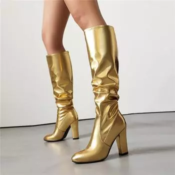 Женские сапоги на высоком каблуке осень и зима новые золотые простые темпераментные толстые каблуки большие размеры средние сапоги 34 золотой
