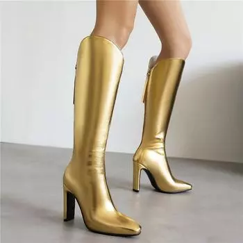 Женские сапоги на высоком каблуке осень-зима новые простые золотистые сапоги на толстом каблуке большого размера среднего размера 34 чёрный