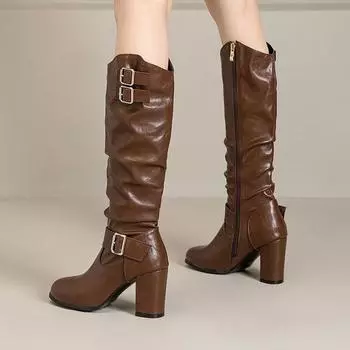 Женские сапоги на высоком каблуке осень-зима новые однотонные толстые каблуки большого размера повседневные римские сапоги среднего размера 35 чёрный