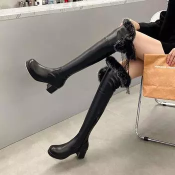 Женские сапоги на высоком каблуке, осенне-зимние, новые однотонные сапоги на толстом каблуке большого размера 34 белый