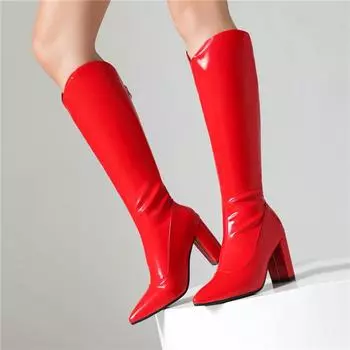 Женские сапоги на высоком каблуке осенне-зимние простые темпераментные толстые каблуки большие размеры средние сапоги 35 красный