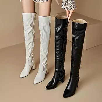 Женские сапоги на высоком каблуке, осенне-зимние, новые, остроносые, на толстом каблуке, однотонные, большие размеры, сапоги до колена 35 чёрный