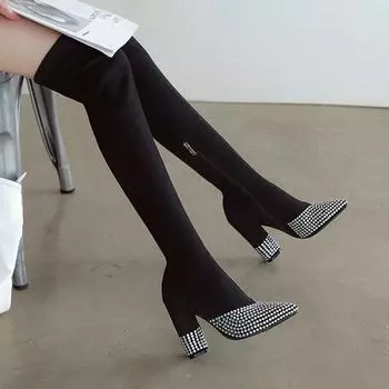 Женские сапоги на высоком каблуке осенне-зимние с острым толстым каблуком, замшевые сапоги большого размера 34 чёрный