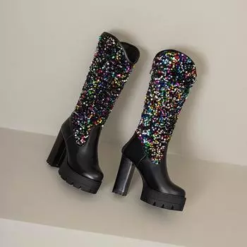 Женские сапоги на высоком каблуке, осенне-зимние, новые, расшитые блестками, водонепроницаемые, на толстом каблуке, большие размеры, средние сапоги 35 чёрный