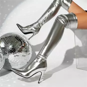 Женские сапоги на высоком каблуке. Осенние и зимние новые сексуальные сапоги выше колена с острым тонким каблуком. Женская обувь больших размеров. 34 серебряный