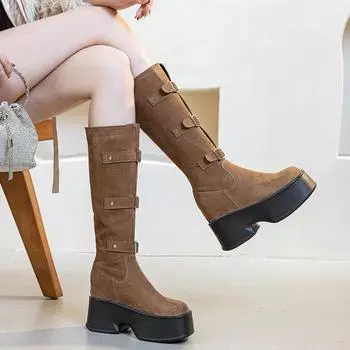 Женские сапоги на высоком каблуке, осенние женские сапоги на платформе, высокие сапоги с пряжкой на ремне, внутренние сапоги-бустеры для женщин 33