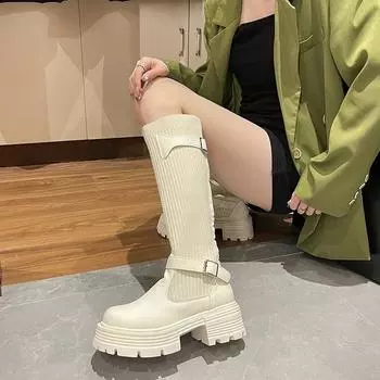 Женские сапоги на высоком каблуке, осенняя обувь, роскошные дизайнерские сапоги-женщины, с круглым носком, на шпильке, на плоской подошве, мода 2024 года, выше колена, парень 35 бежевый