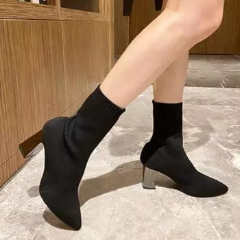 Женские сапоги на высоком каблуке, с острым носком, на толстом каблуке, эластичные сапоги для женщин, обувь на каблуке, для улицы, наряда, вечеринки, женские сапоги до середины голени 35 бежевый