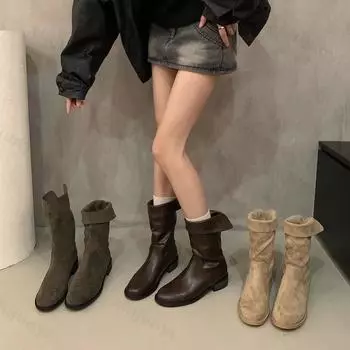 Женские сапоги на высоком каблуке с плиссировкой до середины голени, осенне-зимние женские модные кожаные сапоги в стиле вестерн, женские сапоги-ковбойши с острым толстым каблуком 35 темно-коричневого