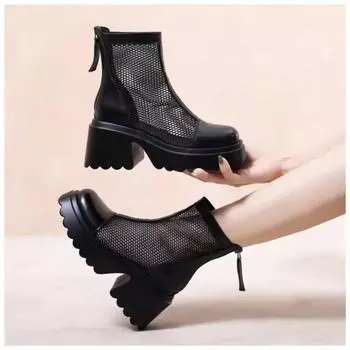 Женские сапоги на высоком каблуке с толстой подошвой 2024 года, новые полые дышащие летние сапоги для отдыха, однотонные, модные, сетчатые, на молнии, женские сапоги 35 покинуть белый