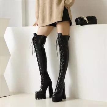 Женские сапоги на высоком каблуке, сексуальные водонепроницаемые сапоги на толстом каблуке в европейском и американском стиле, новые сапоги больших размеров на осень и зиму 35 чёрный