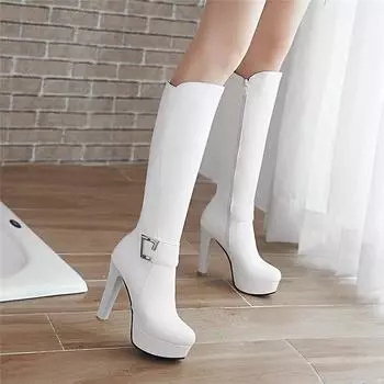 Женские сапоги на высоком каблуке, сексуальные, в европейском и американском стиле, осень-зима, новые, водонепроницаемые, на толстом каблуке, однотонные, большого размера, среднего размера 35 белый