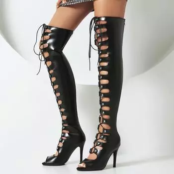 Женские сапоги на высоком каблуке, сексуальные летние сапоги в европейском и американском стиле с тонким каблуком и вырезом в форме рыбьего рта 34 чёрный